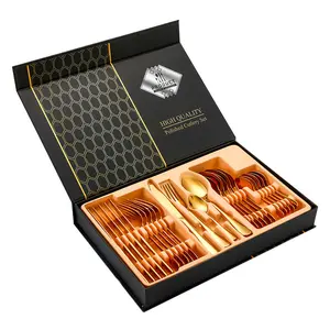 Hot Selling Luxury 24 Pcs Gold Silverware Cutlery Set Spoon And Fork Knife Set Golden Portable Stainless Steel With Box
