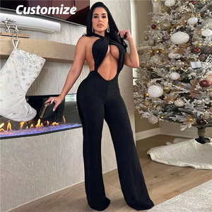 Mono recto de cintura alta de Color sólido con cuello Halter recortado Sexy para mujer de primavera 2024 - Product Image 1