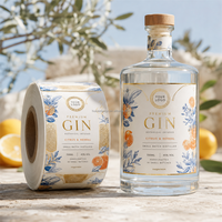 Étiquettes personnalisées pour bouteilles de gin 3D, impression dorée à chaud, résistantes à l'alcool, pour emballages de vin et de spiritueux