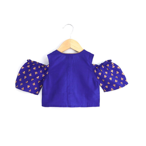 Tenue Traditionnelle Ethnique pour Filles : Haut à Épaules Dénudées et Pantalon Dhoti Imprimé Bleu Rose pour Fêtes et Festivals - Product Image 1