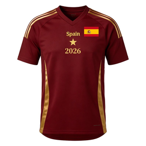 Maglietta Spagna 2026 Granata con Dettagli Dorati, Maglia da Calcio con Bandiera Spagnola e Stella Campione per Tifosi - Product Image 1