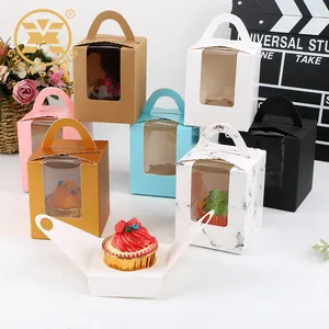 Kardus Kustom Bawah Datar Mini Kotak Kemasan Kue Cupcake Tunggal Transparan dengan Pegangan