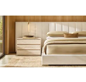 Mesita de noche de travertino Beige, 3 cajones, accesorios para muebles de dormitorio, mesita de noche, madera, travertino Natural, chapa de piedra, mesita de noche