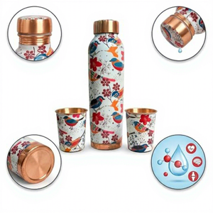 Designer Copper Printed <b>Water</b> <b>Bottle</b> with 2 Matching Copper <b>Glasses</b> Set Traditional Indian Sticker Pattern Printed <b>Bottle</b> Set - Product Image 4