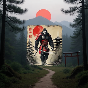 Camiseta con diseño de Guerrero Samurái Gorila, Arte Japonés, Sol Rojo, Diseño de Armadura Japonesa - Product Image 3