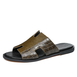 Horsehair Leather <b>Slides</b> Men Open Toe Anti <b>Slip</b> Summer Fashion Sandals Rubber Outsole Genuine Leather Lining - Product Image 1