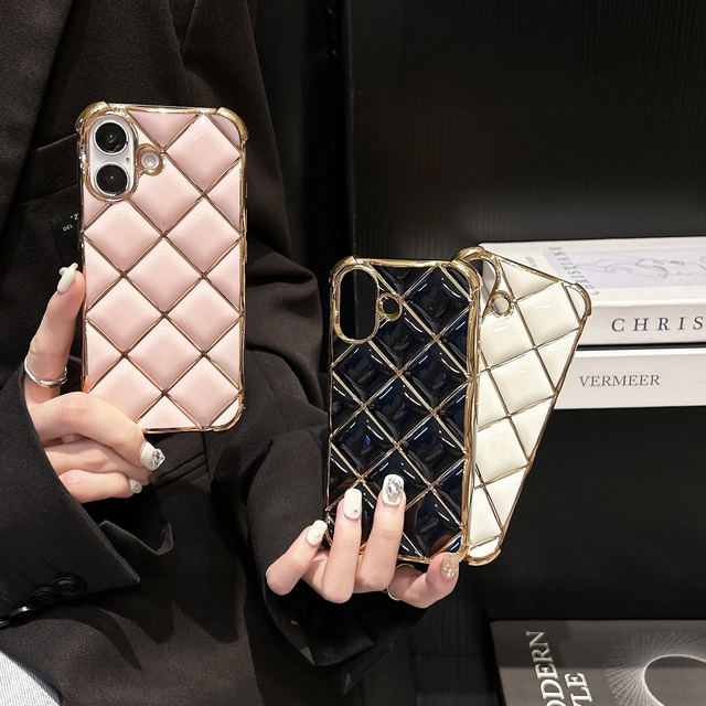 Luxury Electroplate Gold 3D Diamond Oil Painting Mobile Phone Case for 11-16 Pro Max Soft TPU Shockproof