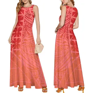 Wholesale Crewneck Printed Casual Ladies Long Dress Hawaiian Wedding Party Luxury Design Custom Tapa Samoan Long Dress