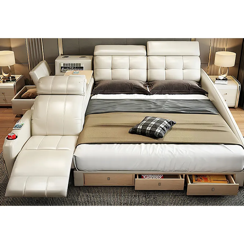 Gran oferta, cama inteligente de cuero de lujo, cama multifuncional, Tatami, plataforma tamaño King, tela tapizada, cama suave, almacenamiento, altavoz de música