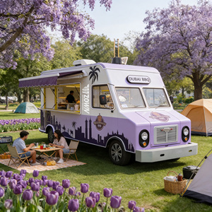 Chariot alimentaire multifonctionnel mobile avec cuisine personnalisable pour la vente de crêpes, gaufres, pizzas, hot-dogs et café glacé. - Product Image 1