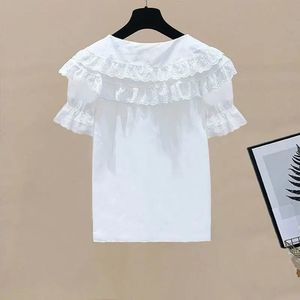 Blusa de gasa con cuello en V para mujer, nuevo estilo de verano 2024, manga corta, cuello Peter Pan con volantes, moderna, holgada, adelgazante y - Product Image 2