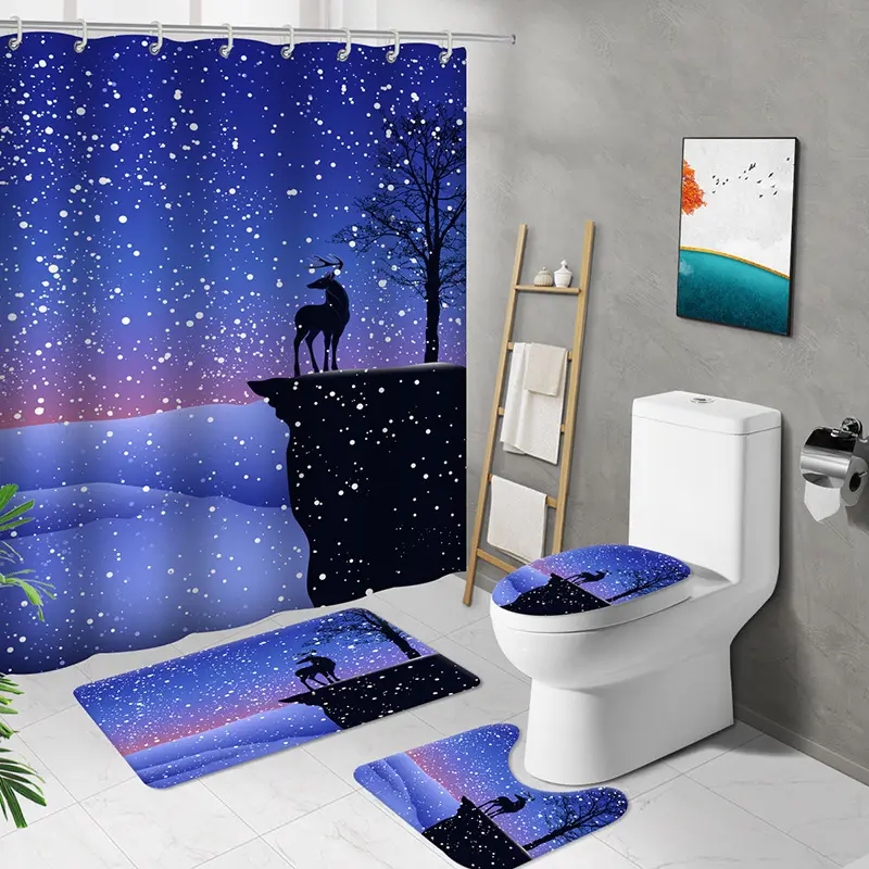 4 Piece 3D Printing Theme Shower Curtain and Bath Mat Set Waterproof Non-Slip Bathroom Curtain and Rug Set