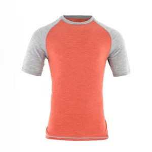 高品質メンズ100% メリノウール屋外スポーティカジュアル通気性パッチワーククルーネック半袖Tシャツ