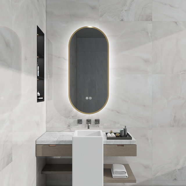 Pill Shape Framed Backlit Smart Led Bathroom Mirror with Clock