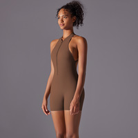 Nude Perzik Hip Sexy Yoga Jumpsuit Sneldrogende Fitness Rits Heup Fold Sport Bodysuit Custom Logo Groothandel