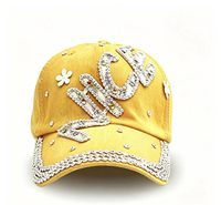 Casquette en jean avec joli patch de lettres et de fleurs en strass colorés, plusieurs couleurs disponibles, vente en gros