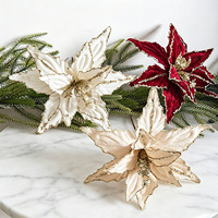 Vente en gros de fleurs de Noël artificielles en tissu avec bordure scintillante de 26 cm, poinsettia scintillant pour la décoration d'arbres de Noël et de couronnes