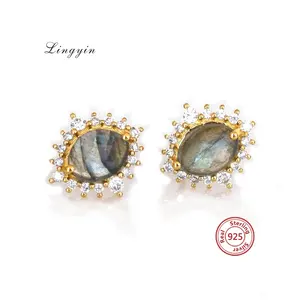 Vintage earrings sterling silver diamond marquise cut natural gemstone stud labradorite earrings lye0138