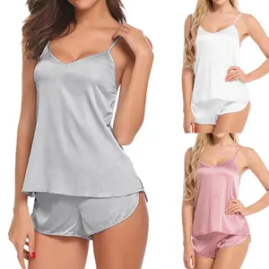 Venta caliente nuevo estilo de dos piezas traje de encaje ropa de noche de satén encantador Top y pantalones cortos para mujer pijama de 2 piezas conjuntos