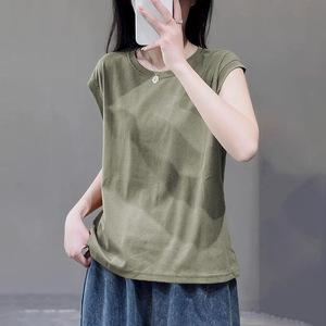 Women's Solid Color Round Neck Short Sleeve T-Shirt Loose Fit Breathable Jersey Top Summer Casual Wear Green Khaki White Black - Product Image 1