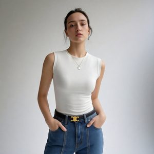 Camiseta sin mangas con cuello redondo para <span class=keywords><strong>mujer</strong></span>, top ajustado de estilo chaleco con un toque de alta gama, sexy y adecuado para usar como prenda exterior. - Product Image 1