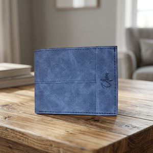 Elion Blue Slim Vegan Leather Bifold <b>Wallet</b> Vintage Short <b>Card</b> Holder with Letter Detail for Men Daily Use - Product Image 3