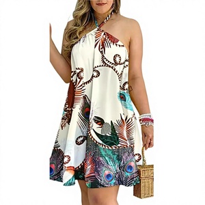 Meilleures ventes transfrontalières Europe-Amérique sur Wish : Robe d'été décontractée à épaules dénudées, col licou, à lacets, taille élastique et coupe ample - Product Image 1