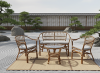 Ensemble table basse et chaise en rotin fait main FLADEO, mobilier de salon modulaire confortable, design antique asiatique, pour extérieur et appartements