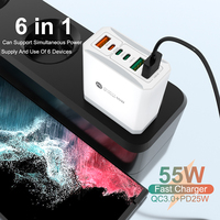 Adaptateur mural USB-C et USB 55W à 6 ports avec charge rapide PD 3.0 et protection OTP pour téléphones et écouteurs - Vente en gros