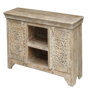 Hand-Carved Solid Wood TV <b>Unit</b> with <b>Storage</b> Cabinets & <b>Open</b> Shelves – Rustic Natural Finish - Product Image 3