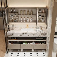 Ensemble de meubles de salle de bain en bois de chêne minimaliste italien de luxe léger avec lavabo intégré en dalle de roche sans joint anti-buée et imperméable