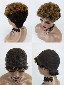 1BT27 <span class=keywords><strong>Blonde</strong></span> Highlight Afro Curly Bob Perruques pour les femmes noires Short Pixie Cut Perruque avec Bangs No Lace Machine Made Perruques de cheveux humains - Product Image 3