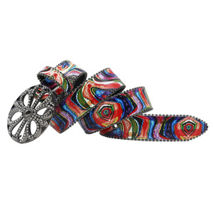 <span class=keywords><strong>Ceinture</strong></span> en <span class=keywords><strong>cuir</strong></span> PU style bohème occidental pour femme, avec strass, imprimé graffiti coloré et <span class=keywords><strong>boucle</strong></span> métallique surdimensionnée à fleur évidée - Product Image 2
