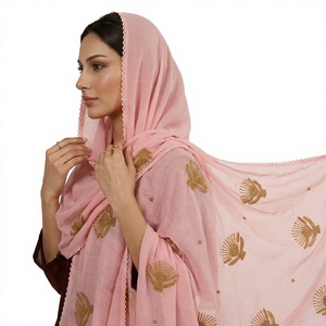 Wholesale Women Pink Chiffon Hijab Shawl Floral Embroidery Rhinestone Beads Lightweight Breathable Summer Daily Wear Wrap - Product Image 1