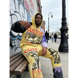 OEM Custom Pattern Printing Streetwear Digital Printing Color Blocking 2-piece Heavyweight 400 GSM Zipper-up Men's Hoodie Set - Product Image 2