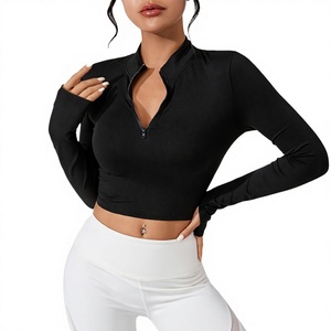[Style d'inspiration] Ensemble 2 pièces de vêtements de yoga et de sport, style européen-américain, uni, respirant, avec fermeture éclair, <span class=keywords><strong>moulant</strong></span> et à manches longues - Product Image 1