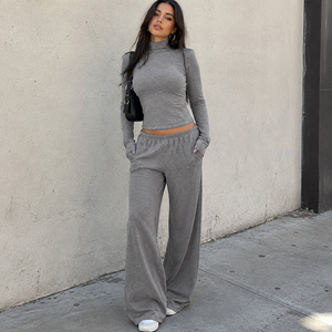 Lazy Relaxed Style High Neck Solid Color Knit <b>Top</b> Minimalist Slim Fit Flattering Long Pants New Two Piece Set Women - Product Image 2