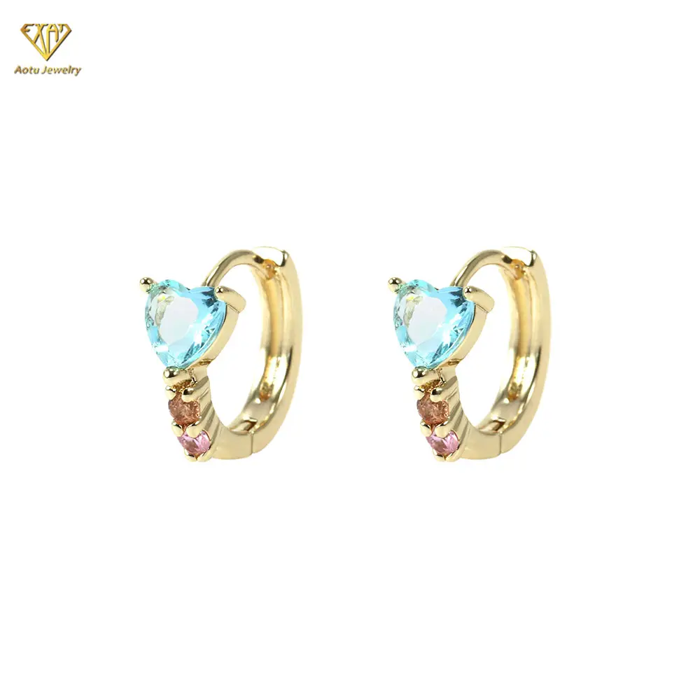 Thailand Style Hot Sale Discount Earring Jewelry Shiny Cute Colorful Cz Heart Huggie Hoop Earring For Women