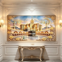 Peinture murale horizontale de luxe islamique en porcelaine cristalline, thème Mecque, Masjid Kaaba, dorure or, grande taille, pour l'Aïd al-Fitr, vente en gros