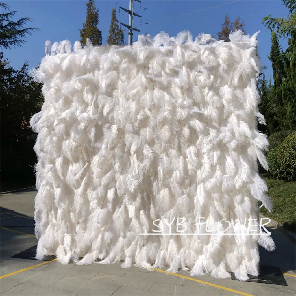 R-164 white feather wall backdrop wedding wall artificial flowers panel roll up cloth back White ostrich feather wall
