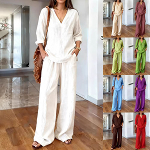 Ensemble décontracté pour femme, col en V, manches longues, pantalon, coton lavé, couleur unie, tailles S-6XL, Europe et Amérique, vente transfrontalière - Product Image 1