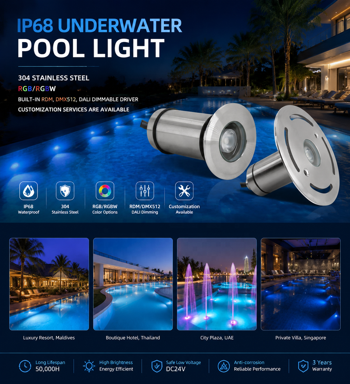 10W Nicheless RGBW High Power LED Swimming Pool Light 1.5 Inch Color-Changing DMX/RDM Control IP68 Waterproof Stainless Steel