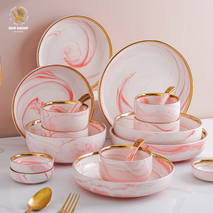 Service de table en céramique marbrée scandinave avec bord doré, assiettes et bols de luxe, esthétique moderne, vaisselle de <span class=keywords><strong>cuisine</strong></span> pour la maison - Product Image 1