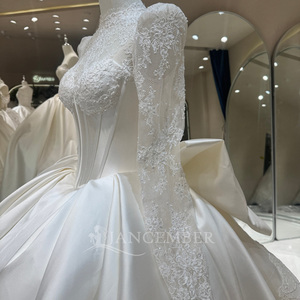 Dw0238 Regal High Neck Lace Illusion Long Sleeve Boned Corset Plain Ivory Satin Ball Gown <b>Wedding</b> Dress Jancember - Product Image 3