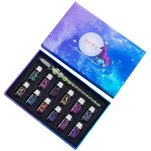 Ensemble d'Encre pour Plume à Tremper Arc-en-ciel Cadeaux de Thanksgiving et de Noël Ensemble de Plumes de Calligraphie Plume à Tremper en Verre Cristal avec 12 Flacons d'Encre de Couleur - Product Image 1