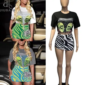 2024 Summer Hot Fashion Graphic Short Sleeve Top And Mini Skirt Print Women Streetwear 2 Piece Set