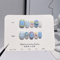 Faux ongles courts en acrylique foncés faits à la main, motif œil de chat bleu, lune et étoile, chrome liquide métallique argenté 3D, style gothique réutilisable