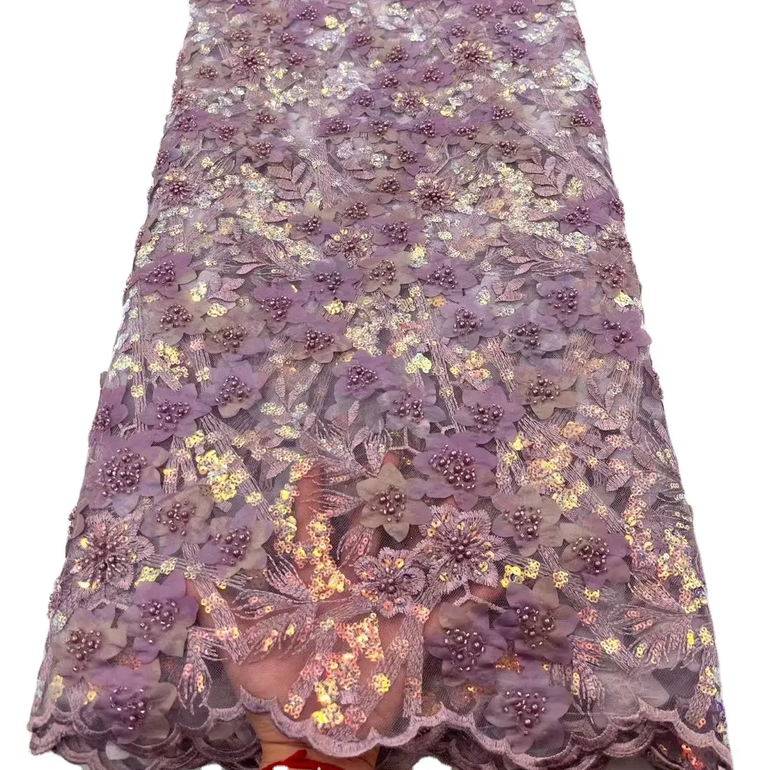 Supoo di alta qualità colore lilla 3D fiori pizzo con perline tessuto di pizzo africano tessuti di pizzo Tulle francese per tessuto abito da sposa