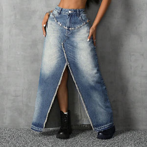 المرأة عارضة نمط عالية الخصر المتعثرة الجينز طويل تنورة Bodycon ممزق انقسام صورة ظلية مستقيم جيوب زر الديكور - Product Image 1