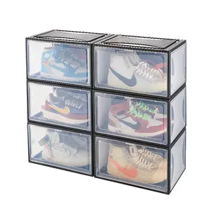 Estante plegable apilable de plástico PP para armario, organizador de zapatos, caja de almacenamiento para zapatillas, color negro transparente